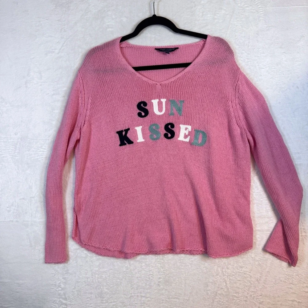 Simply Southern Sweater Sun Kissed‎ Graphic Open Knit L/XL Pink Womens
